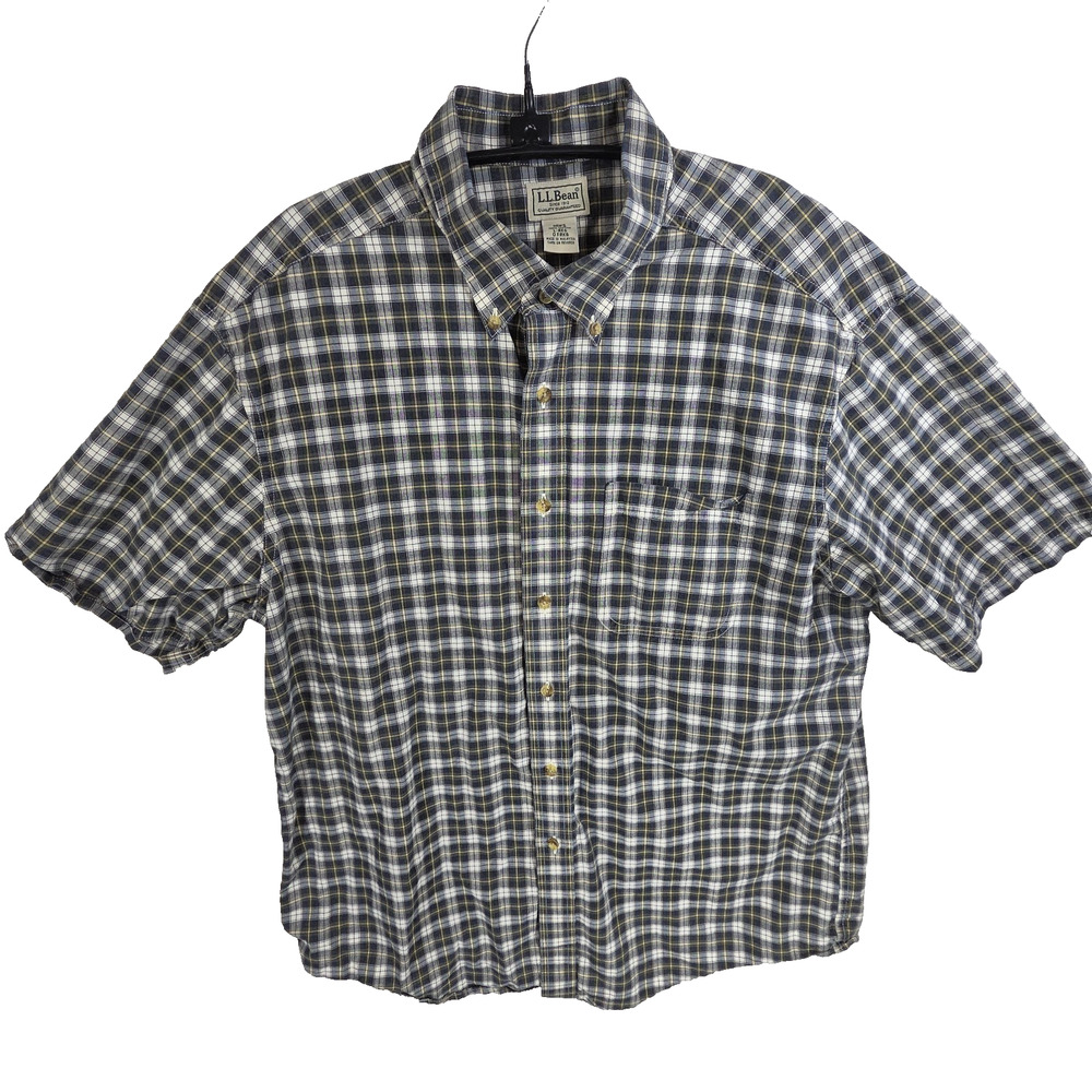 Vtg LL Bean Shirt Mens Large Plaid Button Down Preppy Dress Short Sleeve Collar